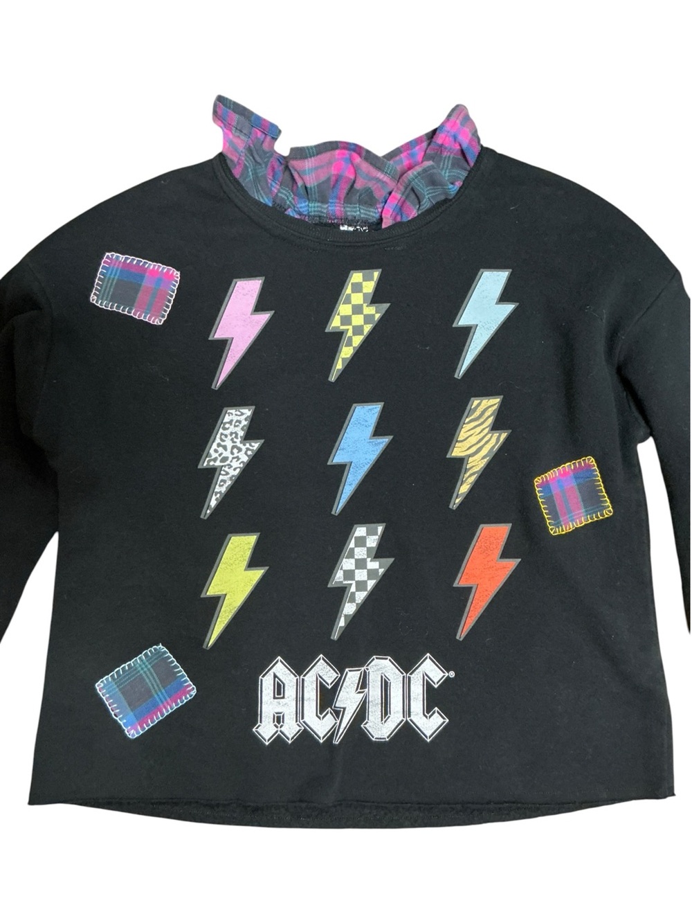 AC/DC Band Upcycled Sweatshirt Lightening Bolts Patches Blanket Stitching Grunge - Picture 2 of 13